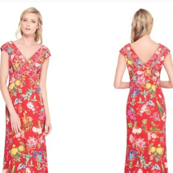 Tadashi Shoji Red Floral Print Sleeveless A Line Maxi Dress  6 - Picture 7 of 7